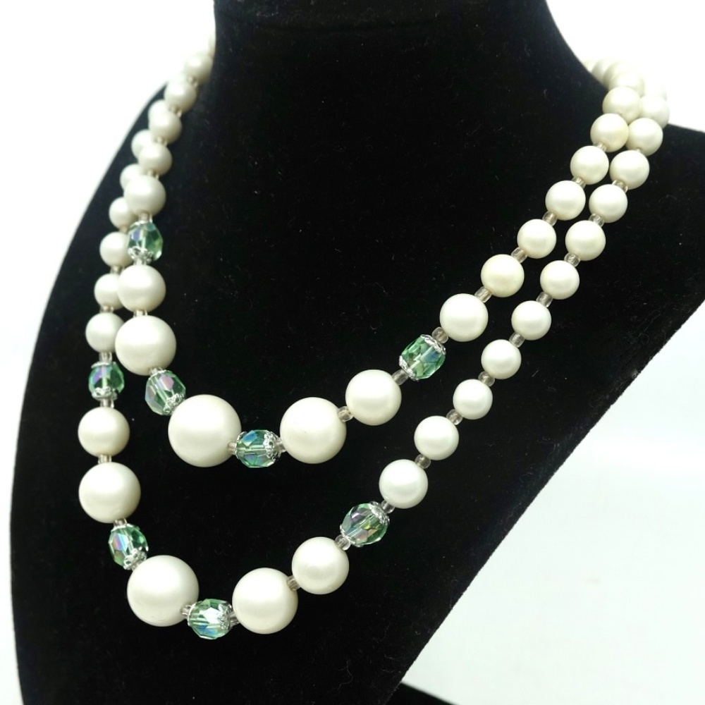 VINTAGE MID-CENTURY~ DOUBLE STRAND NECKLACE~FAUX PEARLS & BLUE CRYSTALS~STERLING